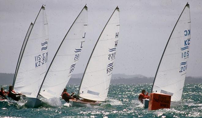 Graham Deegan (KZ 211), Esko Rechardt (L 185), Mark Neeleman (H 555) and Larry Lemieux (KC 201) at the 1980 Finn Gold Cup in Takapuna © Peter Montgomery